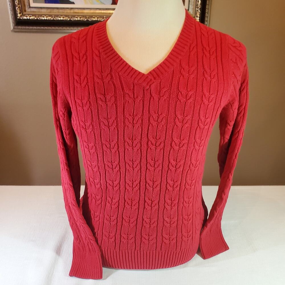 Croft & Barrow Womens Medium Red Cable Knit Sweater V-Neck Long Sleeve Pullover